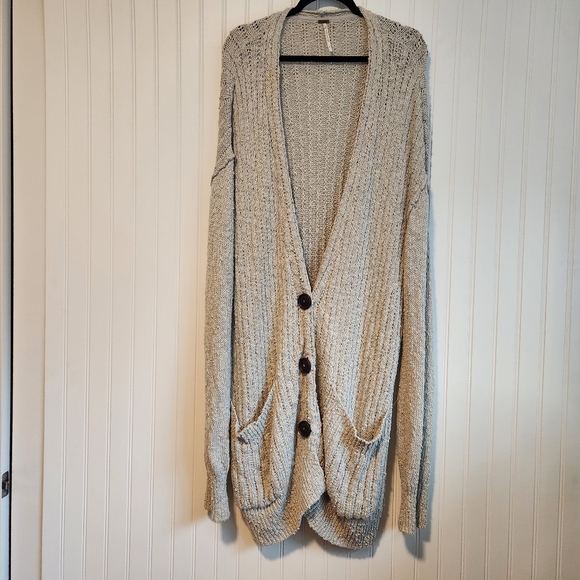 FREE PEOPLE Light Gray Sunset Drive Open Knit Oversized Long Line Cardigan Large - Picture 2 of 9